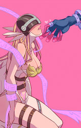  2girls angel_and_devil angewomon asymmetrical_clothes bare_shoulders blush breasts claws clothing_cutout covered_eyes digimon digimon_(creature) futa_yuri_ryona hand_on_another&#039;s_chin head_wings helmet highres kneeling ladydevimon large_breasts leg_belt long_hair looking_up multiple_girls o-ring parted_lips pubic_tattoo ribbon solo_focus stomach_cutout tattoo wings yuri 