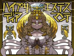  blonde_hair breasts bright_pupils brown_gloves cardinal_(ragnarok_online) cleavage closed_mouth commentary_request diamond_(gemstone) dress expressionless female fingerless_gloves forehead_jewel gloves golden_wings grey_background grey_dress grey_gemstone head_wings highres large_breasts long_hair looking_at_viewer love_morocc multiple_views own_hands_together ragnarok_online short_bangs translation_request upper_body white_pupils wings yellow_eyes 