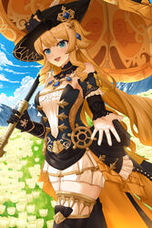  :d absurdres bare_shoulders black_gloves black_headwear blonde_hair blue_eyes blue_sky breasts cloud commentary_request cowboy_shot day female flower genshin_impact gloves highres holding holding_umbrella long_hair looking_at_viewer medium_breasts navia_(genshin_impact) open_mouth reaching reaching_towards_viewer sky skym_(kumei) smile solo standing thighhighs thighs umbrella very_long_hair white_flower 