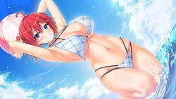  ahoge armpits arms_up ball beachball bikini blue_eyes blue_sky blush breasts choker cleavage cloud day dutch_angle female game_cg grin halterneck highres hinata_nao holding holding_ball holding_beachball huge_breasts medium_hair mikuriya_haruna navel official_art outdoors photoshop_(medium) plaid plaid_bikini red_hair sky smile solo splashing string_bikini swimsuit wading water yuunagi-sou_no_s-kyuu_no_kanojo-tachi_2 