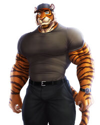  4:5 anthro belt big_pecs clock clothing coach dream_and_nightmare felid hat headgear headwear hi_res male mammal night_(dream_and_nightmare) pantherine pecs pockets shirt smile solo stripes tiger topwear watch 