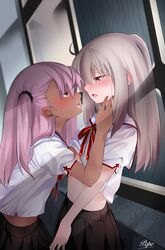  2girls after_kiss black_skirt blush breasts chloe_von_einzbern clothes_lift collared_shirt dark-skinned_female dark_skin fate/kaleid_liner_prisma_illya fate_(series) highres homurahara_academy_school_uniform illyasviel_von_einzbern long_hair multiple_girls navel neck_ribbon orange_eyes pei_iriya pink_hair pleated_skirt red_eyes red_ribbon ribbon sailor_collar saliva saliva_trail school_uniform shirt shirt_lift short_sleeves sidelocks skirt small_breasts tongue tongue_out white_hair white_sailor_collar white_shirt yuri 