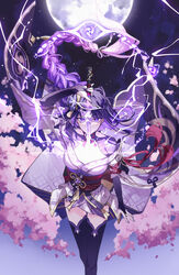  absurdres armor blunt_bangs braid breasts bridal_gauntlets cherry_blossoms drawing_sword electricity feet_out_of_frame female floating_clothes floating_hair flower full_moon genshin_impact highres holding holding_sword holding_weapon human_scabbard japanese_clothes kimono long_braid long_hair looking_at_viewer medium_breasts mitsudomoe_(shape) mole mole_under_eye moon musou_isshin_(genshin_impact) night night_sky nogi_(nokisaki) obi obiage obijime parted_lips purple_eyes purple_flower purple_hair purple_kimono purple_nails purple_thighhighs raiden_shogun sash serious shoulder_armor shrug_(clothing) sidelocks sky solo star_(sky) straight-on sword thighhighs tomoe_(symbol) weapon 