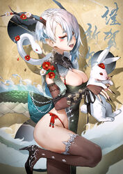  absurdres animal black_nails breasts chinese_clothes chinese_zodiac cleavage dragon_girl dragon_horns dragon_tail fangs female fingernails flower from_side high_heels highres holding holding_animal horn_flower horns kuroi_suna large_breasts leg_up long_fingernails looking_at_viewer new_year original panties rabbit red_flower sharp_fingernails short_hair side-tie_panties snake tail thighhighs thighs underwear white_flower white_hair year_of_the_dragon 