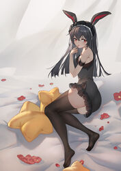  absurdres animal_ears armband armpit_peek bare_shoulders black_dress black_hair black_thighhighs blunt_ends blush breasts crossed_bangs curtains cushion dress feet female finger_to_mouth flower frilled_dress frills full_body headdress highres knees_together_feet_apart legs lingerie long_hair medium_breasts mole mole_under_eye no_shoes on_bed original petals pugongying rabbit_ears red_eyes red_flower red_petals skindentation soles solo thighhighs thighs toes underwear 