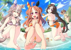  4girls ahoge animal_ears apoj armpits arms_up ass beach black_hair blurry blurry_background blush braid breasts brown_hair closed_eyes commentary_request copano_rickey_(umamusume) double_bun grey_hair grin hair_between_eyes hair_bun hair_ornament hokko_tarumae_(umamusume) horse_ears horse_girl large_breasts long_hair looking_at_viewer low_twin_braids medium_breasts multiple_girls ocean oerba_yun_fang one_eye_closed open_mouth purple_eyes sitting sky small_breasts smart_falcon_(umamusume) smile swimsuit thick_eyebrows thighs twin_braids umamusume wonder_acute_(umamusume) 