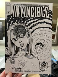  1boy atom_eve commentary commission earrings english_commentary english_text eyeball female highres invincible_(character) invincible_(series) jewelry long_hair mark_grayson marker_(medium) parody photo_(object) ryan_ottley samantha_eve_wilkins signature traditional_media uzumaki 