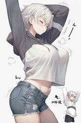  age_progression arms_up breasts commentary_request crop_top crop_top_overhang denim denim_shorts female hood hoodie kurono_mitsuki large_breasts midriff navel original short_hair shorts stretching tomboy_childhood_friend_(kurono_mitsuki) white_hair white_hoodie 