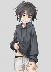  1boy big_hero_6 black_hair black_hoodie black_male_underwear brown_eyes closed_mouth clothes_lift drawstring grey_background hair_between_eyes highres hiro_hamada hood hood_down hoodie kusatta_shake_(syake_girk) lifting_own_clothes male_focus male_underwear shorts simple_background smirk solo twitter_username underwear white_shorts 