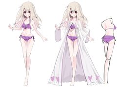  bare_shoulders barefoot bikini blush braid breasts collarbone fate/kaleid_liner_prisma_illya fate_(series) female full_body highres illyasviel_von_einzbern long_hair long_sleeves looking_at_viewer multiple_views navel pei_iriya purple_bikini red_eyes reference_sheet robe see-through sidelocks small_breasts smile swimsuit white_hair wide_sleeves 