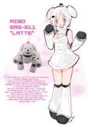  aibo_(robot) android animal_ears arm_warmers artist_name black_gloves blush_stickers breasts cleavage cleavage_cutout clothing_cutout collared_dress dog_ears dog_girl dog_tail dress english_commentary english_text female full_body gloves hands_up high_collar joints lapithai leg_warmers looking_at_viewer mechanical_arms mechanical_legs medium_breasts medium_hair multicolored_background open_mouth personification pink_background pink_eyes reference_inset robot_joints short_dress solo sony standing tail tareme white_arm_warmers white_background white_dress white_hair white_leg_warmers 