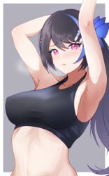  armpits arms_up bad_id bad_pixiv_id black_hair blue_hair blush breasts embarrassed female gilijim girls&#039;_frontline grey_background hair_ornament hands_up highres jericho_(girls&#039;_frontline) looking_at_viewer mole mole_under_eye multicolored_hair navel parted_lips pink_eyes solo streaked_hair sweat sweaty_armpits tank_top two-tone_background upper_body white_background 