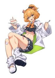  :3 absurdres animal_ears baggy_socks bandaid bandaid_on_leg bow bowtie cake cake_slice candle crop_top crop_top_overhang eimi_isami female food fork full_body hair_between_eyes hair_ornament hair_scrunchie hairclip hamster_ears hamster_girl highres holding holding_fork id_card lab_coat linea_alba long_sleeves looking_at_viewer mchiefy medium_hair midriff miniskirt navel orange_bow orange_bowtie phase_connect pink_eyes pleated_skirt safety_pin scrunchie shoes side_ponytail simple_background skirt smile sneakers socks solo stomach two-sided_fabric virtual_youtuber white_background white_socks 