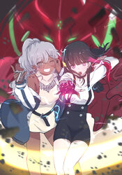  2girls adjusting_eyewear belt black_belt black_choker black_hair black_shorts blue_jacket breasts candy chocolate chocolate_bar choker cleavage_cutout clothing_cutout commentary_request dark-skinned_female dark_skin debris dress electricity english_commentary floating_hair food food_in_mouth giorgio_(yo_sumire_sola1) glasses grey_eyes grey_hair hair_ornament hairclip hand_on_eyewear hands_up high_ponytail highres holding holding_food jacket large_breasts long_hair long_sleeves looking_at_viewer medium_breasts metallic_rouge mixed-language_commentary mouth_hold multicolored_hair multiple_girls naomi_orthmann off_shoulder one_eye_closed open_clothes open_jacket outstretched_arm pendant_choker pink_eyes red_hair rouge_redstar round_eyewear shirt shorts sleeveless sleeveless_dress streaked_hair suspender_shorts suspenders torn_clothes torn_shirt turtleneck turtleneck_dress two-tone_hair very_long_fingernails white_dress white_shirt 