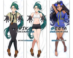  2girls ahoge barefoot bed_sheet black_hair blue_gloves blue_shirt blue_shorts blush brown_footwear character_name closed_mouth collared_shirt commentary dakimakura_(medium) dark-skinned_female dark_skin earrings geeta_(pokemon) gloves goro_orb green_hair hair_between_eyes highres jewelry knees long_hair lying multiple_girls nail_polish navel neck_ribbon on_back outstretched_hand pants pokemon pokemon_sv ponytail ribbon rika_(pokemon) shirt shoes shorts stud_earrings suspenders toenail_polish toenails watermark web_address yellow_ribbon 