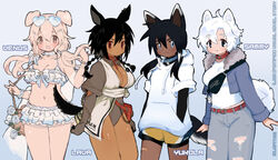  4girls :/ :3 animal_collar animal_ears bandaid bandaid_on_leg bandaid_on_thigh bikini black_hair blonde_hair blue-tinted_eyewear blue_background blue_bikini blue_bow blue_eyes blue_flower blue_jacket blue_rose bow bracelet braid breasts brown_eyes brown_leotard charm_(object) chest_harness cleavage_cutout closed_mouth clothing_cutout collar colored_inner_hair colored_tips cowboy_shot cropped_jacket curled_tail dark-skinned_female dark_skin denim dog_ears dog_girl dog_tail ear_piercing english_commentary eyewear_on_head fanny_pack flower frilled_bikini frills fur-trimmed_jacket fur_collar fur_trim gradient_background grey_hair grey_pants hair_between_eyes hairbow hands_in_pockets harness heart heart-shaped_eyewear hood hoodie jacket jeans jewelry lapithai large_breasts lava_(ilion_sled_dog_sanctuary) leotard long_sleeves looking_at_viewer low_twintails midriff_peek multicolored_hair multiple_girls no_sclera original pants piercing red_collar red_eyes rose sammy_(ilion_sled_dog_sanctuary) see-through see-through_shawl shawl shirt short_hair shorts sidelocks simple_background sleeves_rolled_up standing sunglasses swimsuit tail tinted_eyewear torn_clothes torn_jeans torn_pants twin_braids twintails venus_(ilion_sled_dog_sanctuary) white_hair white_hoodie white_shirt yukola_(ilion_sled_dog_sanctuary) 