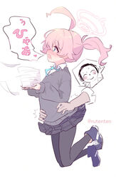  1boy black_pantyhose black_skirt blue_archive blue_eyes blue_footwear blue_necktie blush collared_shirt doodle_sensei_(blue_archive) female grabbing grabbing_from_behind grey_sweater halo highres holding holding_paper hoshino_(blue_archive) hoshino_(young)_(blue_archive) long_sleeves necktie open_mouth pantyhose paper plaid plaid_skirt ruten_(onakasukusuku) sensei_(blue_archive) shirt shoes simple_background skirt solo_focus sweater torso_grab twitter_username white_background white_halo white_shirt 