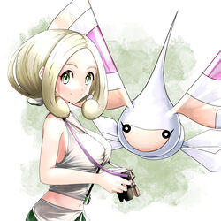  bare_arms bare_shoulders between_breasts blonde_hair breasts bug camera capri_pants crop_top female green_eyes green_pants highres hitofudegaki_usagi holding holding_camera large_breasts masquerain midriff moth pants parted_bangs pokemon pokemon_(creature) pokemon_xy shirt short_hair sleeveless sleeveless_shirt strap_between_breasts thick_eyebrows viola_(pokemon) white_shirt 