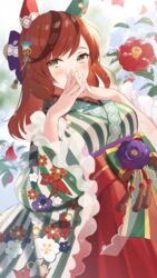  animal_ears blush breasts brown_eyes brown_hair ear_covers female hair_ornament hand_on_own_face highres horse_ears horse_girl japanese_clothes kimono kkokko long_hair long_sleeves looking_at_viewer medium_hair multicolored_hair nice_nature_(converging_wishes)_(umamusume) nice_nature_(umamusume) obi official_alternate_costume official_alternate_hairstyle outdoors print_kimono red_hair sash solo streaked_hair striped_clothes striped_kimono twintails umamusume vertical_stripes 