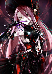  absurdres armor armored_dress bare_shoulders black_armor black_dress black_headwear bonnet breasts claw_(weapon) claws dress fate/grand_order fate_(series) faulds female grey_eyes hair_between_eyes heterochromia highres kino_kokko long_hair looking_at_viewer open_mouth red_hair small_breasts smile solo typhon_ephemeros_(fate) very_long_hair weapon yellow_eyes 