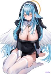  artist_name black_dress black_hair blue_hair blush breasts cleavage_cutout closed_mouth clothing_cutout commentary covered_navel crossed_bangs double-parted_bangs dress english_commentary feathered_wings female gradient_hair hair_between_eyes hair_intakes halo highres juliet_sleeves kamila_(yuniiho) large_breasts long_hair long_sleeves looking_at_viewer low_wings multicolored_hair nun original pelvic_curtain puffy_sleeves simple_background sitting skindentation soles solo thick_thighs thighhighs thighs twitter_username two-tone_hair veil very_long_hair wariza white_background white_thighhighs white_wings wings yellow_eyes yellow_halo yuniiho 