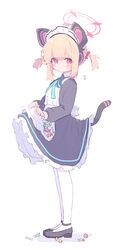  animal_ears apron black_dress black_footwear blonde_hair blue_archive blush candy cat_ears cat_tail dress fake_animal_ears female food from_side full_body halo highres long_sleeves looking_at_viewer momoi_(blue_archive) momoi_(maid)_(blue_archive) official_alternate_costume official_alternate_hairstyle pink_halo red_eyes ruten_(onakasukusuku) short_twintails simple_background solo tail twintails white_apron white_background 