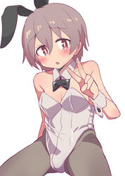  1boy animal_ears bare_arms bare_shoulders black_bow black_bowtie blush bow bowtie brown_hair bulge commentary crossdressing detached_collar grey_pantyhose hair_between_eyes hatafuta leotard looking_at_viewer male_focus male_playboy_bunny onii-chan_wa_oshimai! open_mouth otoko_no_ko oversized_breast_cup pantyhose rabbit_ears senkawa_minato solo strapless strapless_leotard v white_leotard wrist_cuffs 