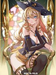  bare_shoulders black_gloves black_hat blonde_hair blue_eyes breasts chair detached_sleeves dress drill_hair drill_sidelocks female flower genshin_impact gloves hat hat_flower highres holding jewelry long_hair looking_at_viewer navia_(genshin_impact) nocta_felis open_mouth sidelocks smile solo very_long_hair 