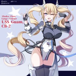  ;d \m/ absurdres azur_lane black_gloves black_thighhighs blonde_hair blue_eyes breasts character_name chest_strap coat coattails commentary_request cowboy_shot dated drill_hair facial_mark female gloves gradient_eyes grey_coat groin guam_(azur_lane) hair_between_eyes hair_ornament hairclip hands_up headgear heart heart_facial_mark hebitsukai-san highres large_breasts long_hair long_sleeves looking_at_viewer multicolored_eyes one_eye_closed open_mouth pelvic_curtain purple_eyes sidelocks skindentation smile solo standing star-shaped_pupils star_(symbol) symbol-shaped_pupils teeth thighhighs twin_drills twintails twitter_username underbust upper_teeth_only v_over_eye very_long_hair 