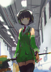  absurdres arms_at_sides backlighting bare_shoulders black_hair black_thighhighs blurry blurry_background closed_mouth collared_shirt commentary_request detached_sleeves expressionless female green_eyes green_skirt green_sleeves headset highres holding holding_staff indoors jacket kabuyama_kaigi kyoumachi_seika looking_at_viewer miniskirt necktie pencil_skirt red_necktie shirt short_hair skirt sleeveless sleeveless_jacket solo staff suit_jacket thighhighs voiceroid warehouse zettai_ryouiki 