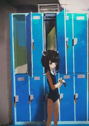  absurdres ahoge alternate_costume black_hair blue_one-piece_swimsuit blunt_bangs blush brown_eyes closed_mouth commentary_request feet_out_of_frame female flat_chest hands_up hat headgear highres holding holding_clothes holding_hat indoors kabuyama_kaigi locker locker_room looking_at_object one-piece_swimsuit shadow solo standing swim_cap swimsuit touhoku_kiritan unworn_hat unworn_headwear unworn_swim_cap vent_(object) voiceroid watch wide_shot wristwatch 