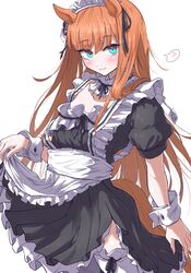  ? alternate_costume animal_ears apron blue_eyes blunt_bangs blush breasts collarbone commentary_request enmaided female highres horse_ears horse_girl horse_tail itosu200 long_hair looking_at_viewer maid maid_headdress oversized_clothes silence_suzuka_(umamusume) small_breasts smile solo tail thighhighs umamusume white_background 