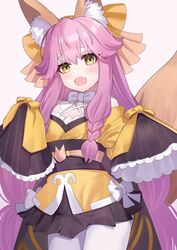  animal_ear_fluff animal_ears bare_shoulders black_skirt bow braid breasts fate/samurai_remnant fate_(series) female fox_ears fox_girl fox_tail hair_between_eyes hairbow japanese_clothes kimono long_hair looking_at_viewer neko_daruma obi off_shoulder open_mouth pink_hair sash sidelocks skirt small_breasts solo tail tamamo_(fate) tamamo_aria_(fate) thighhighs thighs twintails white_thighhighs wide_sleeves yellow_bow yellow_eyes yellow_kimono 