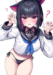  ? absurdres alternate_costume animal_ears black_hair black_panties black_sailor_collar blue_archive blue_neckerchief blush cat_ears claw_pose colored_inner_animal_ears colored_inner_hair cowboy_shot cropped_shirt dated_commentary embarrassed female halo hands_up highres kazusa_(blue_archive) looking_at_viewer metaljelly multicolored_hair neckerchief no_pants open_mouth panties pink_eyes pink_hair pink_halo sailor_collar shirt side-tie_panties simple_background solo sweat underwear white_background white_shirt 