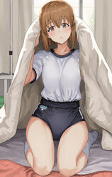  blue_buruma breasts brown_eyes brown_hair buruma female full_body gym_shirt gym_uniform hagiwara_yukiho hair_between_eyes highres idolmaster idolmaster_(classic) lifting_covers light_blush looking_at_viewer parted_lips seiza shirt short_hair short_sleeves sitting socks solo thighs tsurui white_shirt white_socks 