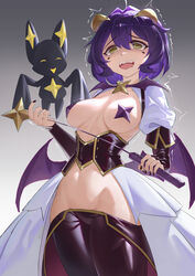  @_@ absurdres bat_wings black_corset black_pants black_pasties breastless_clothes breasts breasts_apart corset female forward_facing_horns gradient_background grey_background groin highres hiiragi_utena holding holding_riding_crop low_wings lowleg lowleg_pants magia_baiser mahou_shoujo_ni_akogarete medium_breasts navel open_mouth pants pasties purple_hair revealing_clothes riding_crop serelith short_hair showgirl_skirt shrug_(clothing) standing star_pasties teeth trembling upper_teeth_only venalita wings yellow_eyes 