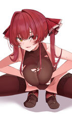  absurdres ankle_boots black_footwear black_thighhighs boots breasts female grabbing_own_breast hair_ribbon heterochromia highres hololive houshou_marine houshou_marine_(1st_costume) large_breasts leotard long_hair looking_at_viewer oerba_yun_fang red_eyes red_hair red_ribbon ribbon skin_fang smile solo thighhighs torn_clothes torn_leotard twintails virtual_youtuber white_background yellow_eyes yuzuyukiha 