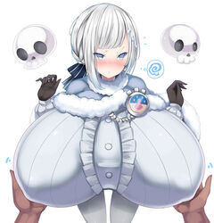  akershus_fortress_(oshiro_project) akikaze_tsumuji badge black_gloves blue_cape blue_cloak blue_eyes blush bodysuit braid breasts cape center_frills cloak commentary_request commission embarrassed female frills fur-trimmed_cape fur-trimmed_cloak fur_trim gigantic_breasts gloves grey_hair groping oshiro_project:re ribbon skeb_commission skull striped striped_ribbon white_bodysuit 