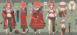  :d absurdres animal_ears animal_on_shoulder arrow_(projectile) ass asymmetrical_clothes ayaoshiro back bandeau bare_shoulders bead_anklet bead_bracelet bead_necklace beads bikini bow_(weapon) bracelet breasts brown_bandeau brown_pants cat_tail choker cleavage clothes_on/clothes_off coat diamond-shaped_pupils diamond_(shape) female full_body green_bikini green_choker green_eyes hair_bobbles hair_ornament hand_on_own_hip highleg highleg_bikini highres incredibly_absurdres jewelry large_breasts leaf leaf_bikini leaf_on_head looking_at_viewer mozumi_pichi multiple_views navel necklace oerba_yun_fang off_shoulder orange_hair pants pink_nails plant quiver red_coat red_pupils reference_sheet sandals short_hair shoulder_tattoo single_pantsleg slippers smile standing stomach swimsuit symbol-shaped_pupils tail tattoo torn_clothes torn_pants tribal turnaround underboob v-dere virtual_youtuber weapon wolf_cut wolf_ears zouri 