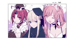  3girls benienma_(fate) bikini blonde_hair blue_headwear border breasts closed_mouth coat fate/grand_order fate_(series) fur-trimmed_coat fur_trim grey_eyes hat katagiri_(mighty_swing) long_hair looking_at_another looking_at_viewer medb_(fate) medb_(swimsuit_saber)_(fate) medb_(swimsuit_saber)_(second_ascension)_(fate) multiple_girls open_mouth parted_bangs pink_hair red_eyes red_hair reines_el-melloi_archisorte small_breasts smile swimsuit twintails upper_body white_bikini white_border yellow_eyes 