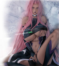  artist_name bare_shoulders breasts clothing_cutout dark-skinned_female dark_skin detached_sleeves female hair_intakes highres huge_breasts ingrid_(taimanin_murasaki) lipstick long_hair makeup mole mole_under_mouth nail_polish navel pink_hair purple_lips purple_nails rain_wzq revealing_clothes signature solo spread_legs taimanin_(series) taimanin_murasaki underboob underboob_cutout very_long_hair yellow_eyes 