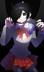  1boy black_background black_eyes black_hair black_thighhighs bow braid bright_pupils cellphone collarbone expressionless female flip_phone funamusea goth_fashion gradient_background grey_jacket hair_over_one_eye hand_on_another&#039;s_neck highres holding holding_phone hoshimi_(hosizorarara) jacket kurai_shinya kurai_yonaka mogeko_castle neck_grab paw_pose phone plaid plaid_bow plaid_skirt pleated_skirt red_bow red_skirt shirt skirt solo_focus teeth thighhighs twin_braids white_pupils white_shirt 