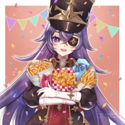  :d black_dress black_hat blush box bright_pupils chevreuse_(genshin_impact) commentary_request confetti dress earmuffs earmuffs_around_neck eyepatch female food french_fries genshin_impact gift gift_box gloves gold_trim grey_hair hair_between_eyes hat highres holding holding_food karanashi_mari long_hair long_sleeves looking_at_viewer mole mole_under_mouth multicolored_hair onion_rings open_mouth puffy_sleeves purple_eyes purple_hair red_dress shako_cap smile solo streaked_hair string_of_flags two-tone_dress two-tone_hair upper_body very_long_hair white_gloves white_hair white_pupils 