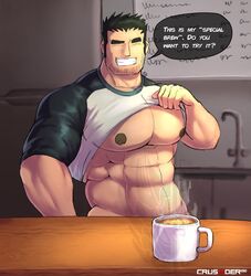  1boy abs artist_name bara bare_pectorals barista black_hair black_shirt bottomless closed_eyes clothes_lift crusader1080 cup english_text facial_hair grin highres huge_pectorals indoors lifting_own_clothes lucas_lee male_focus muscular muscular_male navel nipples pectorals scott_pilgrim_(series) scott_pilgrim_takes_off sexually_suggestive shirt shirt_lift short_hair smile solo strongman_waist teeth thick_eyebrows two-tone_shirt white_shirt 