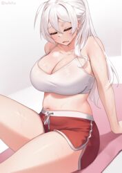  ahoge bare_shoulders blush breasts cleavage closed_eyes collarbone dolphin_shorts female highres iwbitu large_breasts long_hair navel nyopu open_mouth original ponytail red_shorts shorts sitting solo sports_bra strap_gap thick_thighs thighs white_hair white_sports_bra 