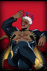  1boy abs_cutout absurdres bara black_bodysuit black_nails bodysuit cleavage_cutout clothing_cutout collared_coat crossed_legs dark-skinned_male dark_halo dark_skin facial_tattoo feet_out_of_frame gold_trim halo highres israfil_(housamo) large_pectorals letterboxed licking_lips liquid lisuchi long_sleeves looking_at_viewer male_focus muscular muscular_male pectoral_cleavage pectorals red_background red_eyes short_hair signature sitting solo spiked_hair tattoo tokyo_afterschool_summoners tongue tongue_out white_hair 