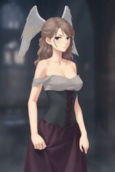  bad_id bad_pixiv_id bare_shoulders blue_eyes blurry blurry_background breasts brown_hair collarbone commentary corset covered_nipples dress eunie_(xenoblade) female head_wings highres long_hair looking_at_viewer medium_breasts miura-n315 solo strapless strapless_dress wings xenoblade_chronicles_(series) xenoblade_chronicles_3 