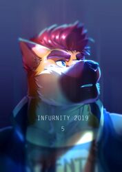  2019 anthro black_background black_nose blue_clothing blue_eyes blue_jacket blue_topwear brown_body brown_eyebrows brown_fur canid canine canis clothing countershade_face countershade_fur countershade_neck countershading dated domestic_dog eyebrows fur gradient_background hair half-length_portrait hi_res infurnity jacket looking_up male mammal multicolored_body multicolored_fur nviek5 portrait prick_ears red_hair shirt short_hair simple_background snout solo teeth topwear two_tone_body two_tone_fur 