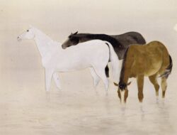  ambiguous_gender ancient_art black_body black_eyes black_fur brown_body brown_fur drinking drinking_water equid equine feral fur group hi_res horse kawasaki_tadashi mammal multicolored_body multicolored_fur painting_(artwork) public_domain quadruped snout standing tail traditional_media_(artwork) trio walking water white_body white_fur 