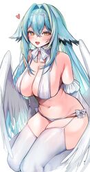  bare_shoulders bikini black_hair blue_hair blush breasts cleavage commentary crossed_bangs detached_sleeves double-parted_bangs feathered_wings female gradient_hair hair_between_eyes hair_intakes hair_ornament highres kamila_(yuniiho) large_breasts long_hair looking_at_viewer low_wings multicolored_hair navel open_mouth original smile solo stomach swimsuit symbol-only_commentary thighhighs two-tone_hair very_long_hair white_bikini white_thighhighs white_wings wings x_hair_ornament yellow_eyes yuniiho 